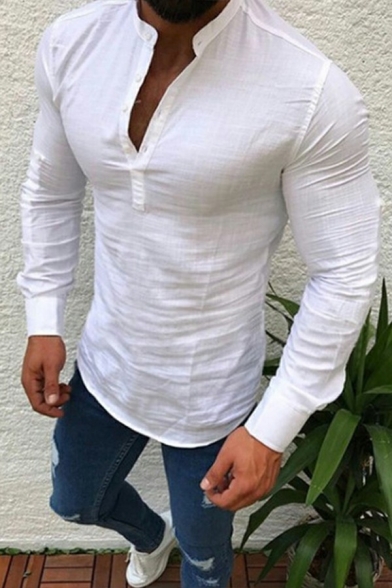 Cool Shirt Whole Colored Long Sleeve Henley Collar Slim Fit Shirt for Men