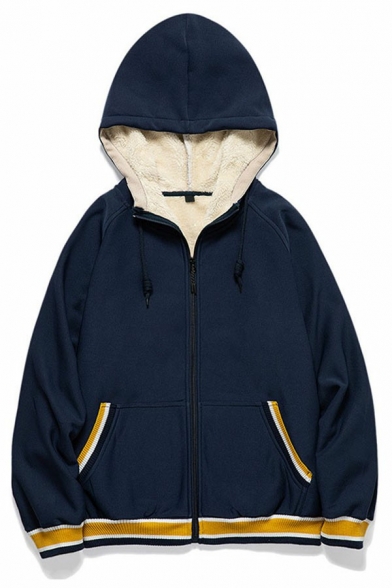 Edgy Men's Hoodie Contrast Trim Pocket Designed Zip Up Long Sleeves Warm Hoodie