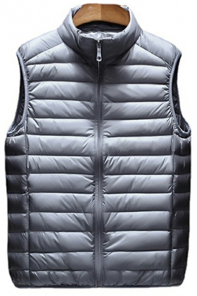 Edgy Men Vest Plain Stand Collar Pocket Designed Relaxed Fitted Front Zipper Vest