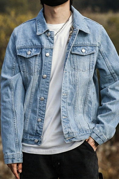 Fashionable Plain Jacket Spread Collar Button Down Flap Pockets Regular Fit Denim Jacket for Men