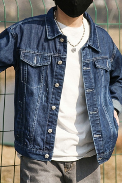 Fashionable Plain Jacket Spread Collar Button Down Flap Pockets Regular Fit Denim Jacket for Men