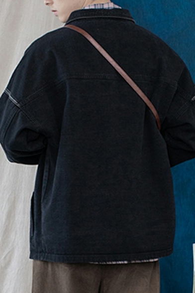 Freestyle Guys Denim Jacket Solid Color Button Designed Long-sleeved Oversized Denim Jacket