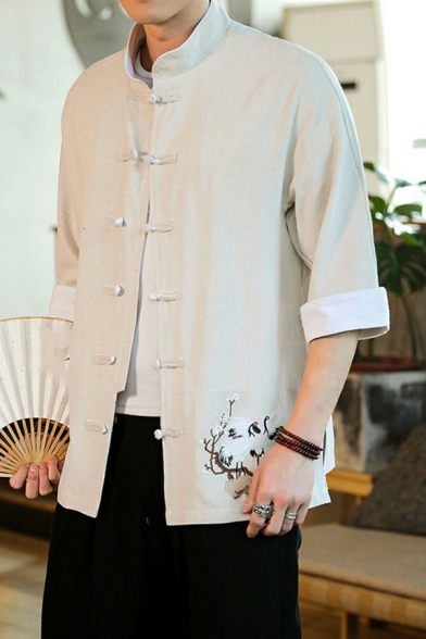 Freestyle Men Jacket Red-crowned Crane Pattern Half Sleeve Stand Collar Loose Button Placket Jacket