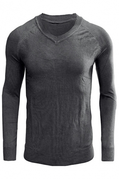Guys Soft Sweater Whole Colored V-Neck Rib Cuffs Long Sleeve Slim Fitted Sweater