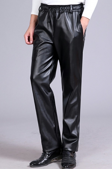 Hot Mens Pants Solid Color Drawstring Mid Rise Full Length Loose Fitted Leather Pants