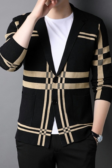 Leisure Mens Knit Cardigan Contrast Color Lapel Collar Long Sleeve Double Button Slim Fitted Cardigan