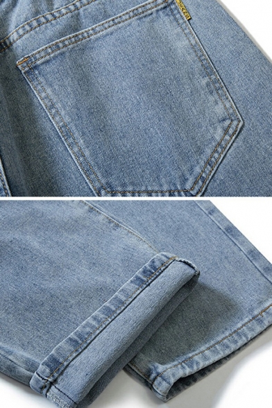 Leisure Mens Plain Jeans Zipper Closure Mid Waist Ankle Length Loose Fit Jeans with Washing Effect