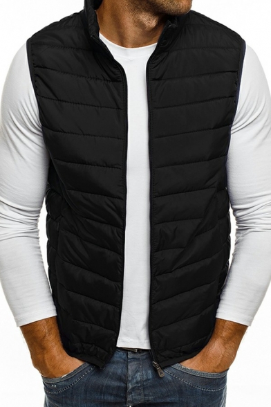Leisure Vest Pure Color Stand Collar Pocket Decoration Regular Fitted Zip Down Vest for Guys