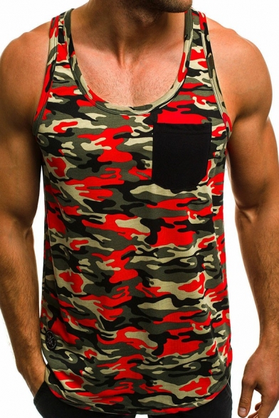 Men Creative Tank Camo Printed Scoop Neck Pocket Embellished Relaxed Tank