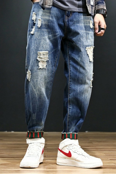 Men Elegant Denim Pants Solid Color Zip-Fly Shredded Pocket Detail Oversize Denim Pants