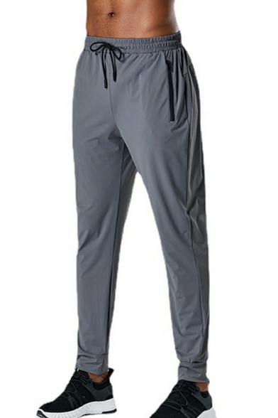 Men Fancy Pants Solid Color Pocket Designed Elasticated Waist Mid Rise Slim Pants