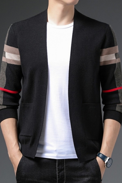 Men Metrosexual Cardigan Color Panel Open Front Pocket Detail Long Sleeve Loose Fit Cardigan