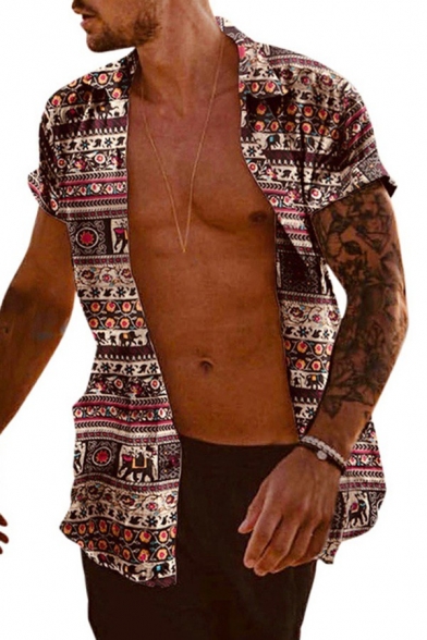 Men's Retro Shirt Tribal Printed Short Sleeve Spread Collar Button down Regular Fit Shirt