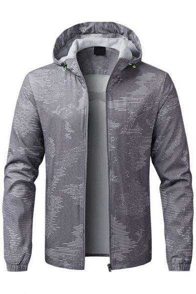 Men Unique Jacket Irregular Color-blocking Print Drawstring Long Sleeve Relaxed Zipper Hooded Jacket