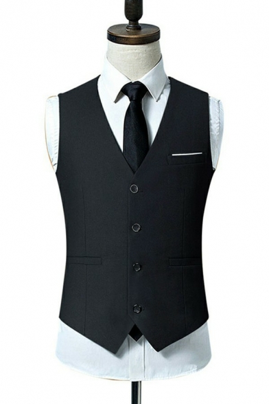 Men Vintage Suit Vest Pure Color V-Neck Button Closure Pocket Fitted Suit Vest