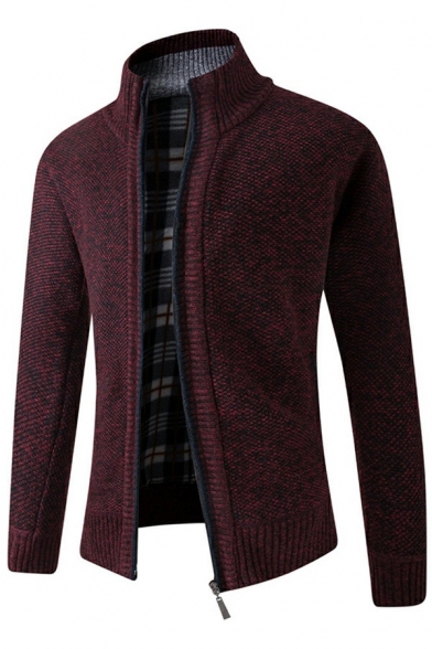 Mens Creative Cardigan Space Dye Print Knitted Stand Collar Long Sleeves Relaxed Zip Fly Cardigan