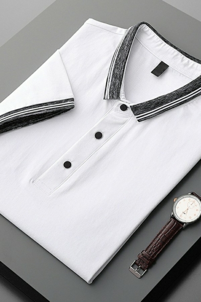 Mens Simple Pure Color Polos Short-Sleeved Lapel Collar Regular Fitted Polos