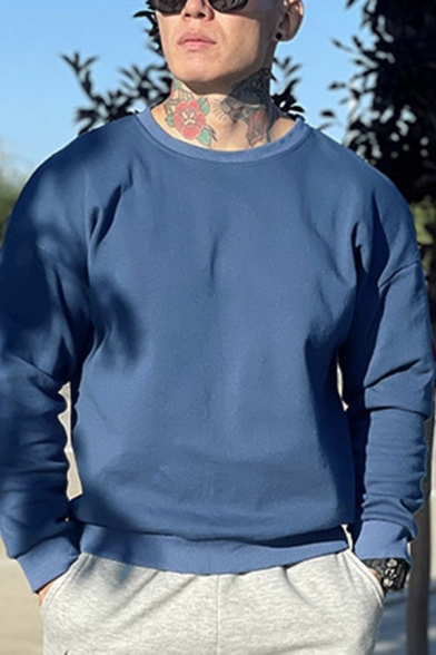 Modern Guys Sweatshirt Pure Color Crew Neck Long Sleeve Baggy Sweatshirt