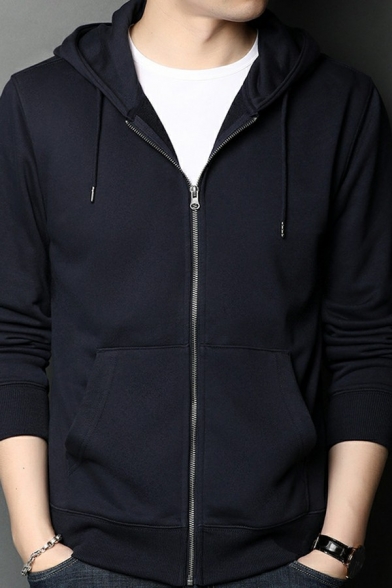 Modern Mens Drawstring Hoodie Solid Color Long-Sleeved Zip Placket Pocket Detail Rib Cuffs Regular Fit Hoodie