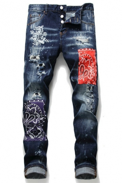Street Look Paisley Spliced Jeans Button Closure Mid Rise Slouchy-Skinny Jeans for Guys
