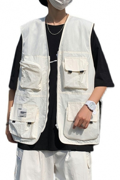 Street Style Guy's Vest Pure Color Multi-Pockets Regular Fit Sleeveless Zip Closure Vest