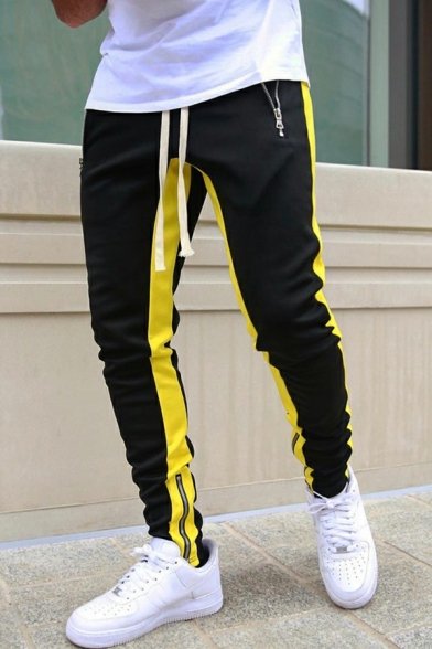 Stylish Guys Pants Contrast Color Patchwork Drawcord Waist Mid Rise Slim Pants
