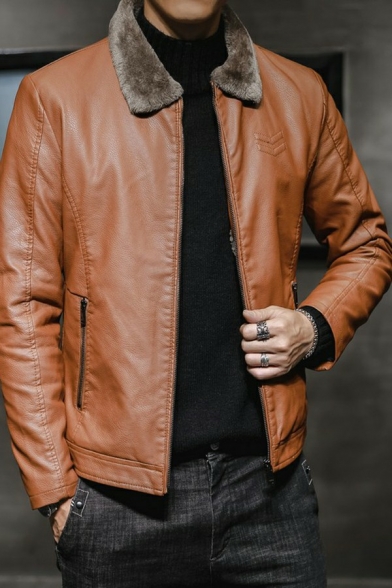 Stylish Jacket Plain Turn-down Collar Zipper Decoration Long-sleeved Zip-up Leather Jacket