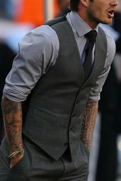 Stylish Mens Plain Vest Button Up Pocket Detail Belt Back V-Neck Slim Fit Vest