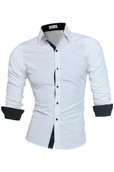 Stylish Mens Shirts Color Block Long Sleeves Lapel Collar Button Closure Slim Fitted Shirts
