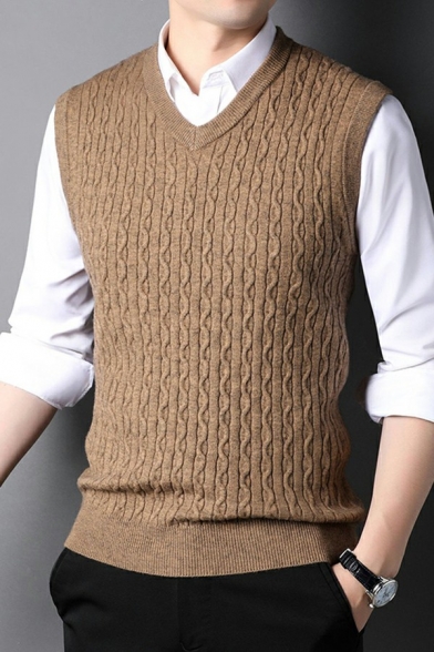 Stylish Mens Solid Color Sweater Sleeveless V-Neck Rib Hem Regular Fitted Knitted Sweater Vest