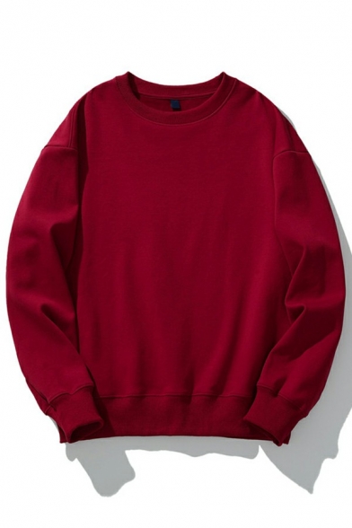 Stylish Mens Sweatshirts Pure Color Long-Sleeved Crew Neck Rib Cuffs Relaxed Fitted Hoody