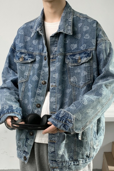 Trendy Guys Jacket All Over Love Print Button Closure Fitted Turn-Down Collar Denim Jacket