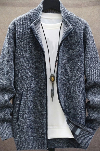 Vintage Mens Cardigan Pure Color Stand Collar Long-Sleeved Zip Closure Fitted Knit Cardigan with Pockets