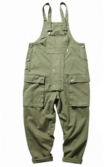 Casual Overalls Pure Color Big Pocket Sleeveless Wide Leg Overalls for Men