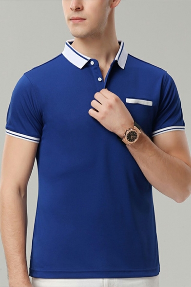 Chic Guys Polo Shirt Contrast Line Pocket Embellish Button Closure Short Sleeve Polo Shirt