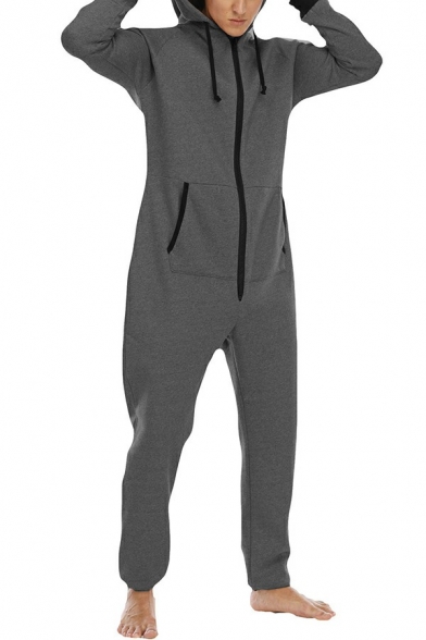 Comfortable Jumpsuit Contrast Insert Drawstring Hooded Long Sleeve Regular Fit Jumpsuit for Men