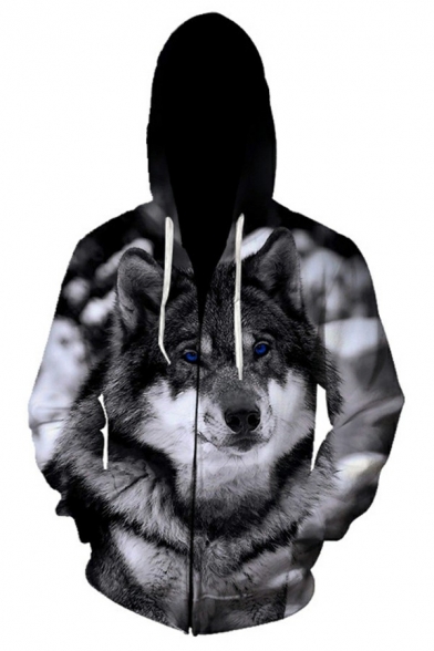 Cool Mens Hoodie 3D Wolf Pattern Long Sleeves Relaxed Fitted Drawstring Hooded Hoodie