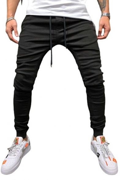 Guys Fashion Pants Solid Color Washed Effect Drawstring Waist Skinny-Fit Pencil Pants