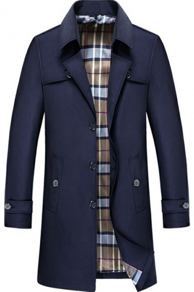 Guys Hot Coat Solid Color Plaid Lined Notched Collar Long Sleeves Relaxed Single-Breasted Coat