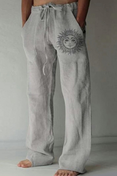 Guys Simple Pants Sun Print Drawcord Elastic Waist Full Length Baggy Pants