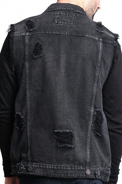 Men Comfy Vest Solid Turn-down Collar Pocket Ripped Button Placket Regular Fitted Denim Vest
