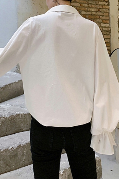 Men Street Style Shirt Plain Lace Up Decorated Lapel Collar Long Sleeves Regular Tuxedo Shirts