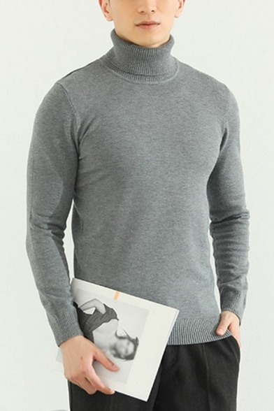 Mens Basic Sweater Pure Color Turtle Neck Long-Sleeved Slimming Pullover Sweater