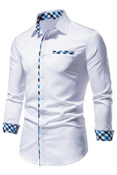 Mens Fashion Shirt Solid Plaid Lined Point Collar Long Sleeves Skinny Button Placket Shirt