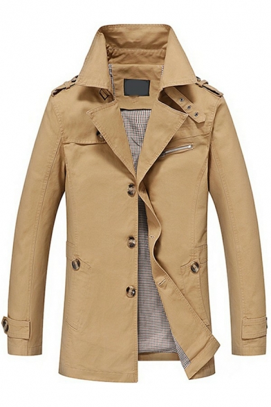 Modern Coat Solid Plaid Lined Notched Collar Long-Sleeved Regular Button Up Trench Coat for Guys