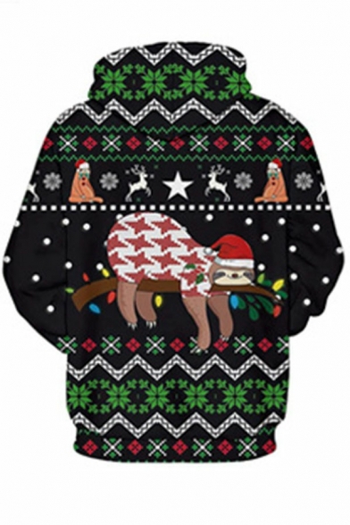 Novelty Men's Hoodie Christmas Print Kangaroo Pocket Drawcord Baggy Long-sleeved Hoodie