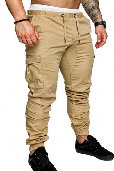 Popular Drawstring Pants Solid Color Elastic Waist Flap Pocket Regular Fitted Pants for Men
