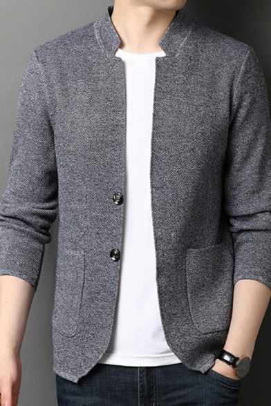 Popular Mens Knit Cardigan Pure Color Stand Collar Long-Sleeved Double Button Fitted Cardigan with Pockets