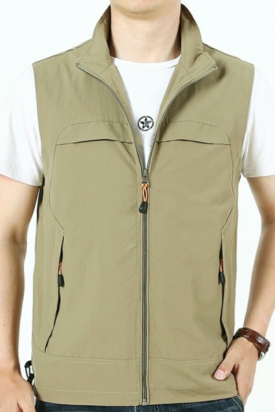 Popular Mens Vest Pure Color Zip Closure Lapel Collar Sleeveless Pocket Detail Regular Fitted Vest