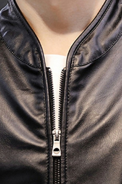 Smart Mens Jacket Plain Zipper Placket Stand Collar Pocket Long Sleeves PU Jacket